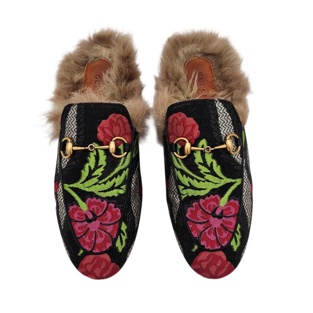 Gucci Princetown Horsebit Fur Lined Flat Mule Slipper Floral Black Size 38 US 8 - Picture 2 of 7